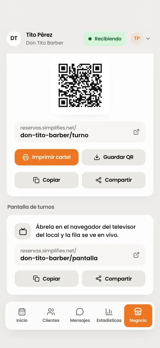 En Negocio › Tus links, abre «Pantalla de turnos» y copia el link.