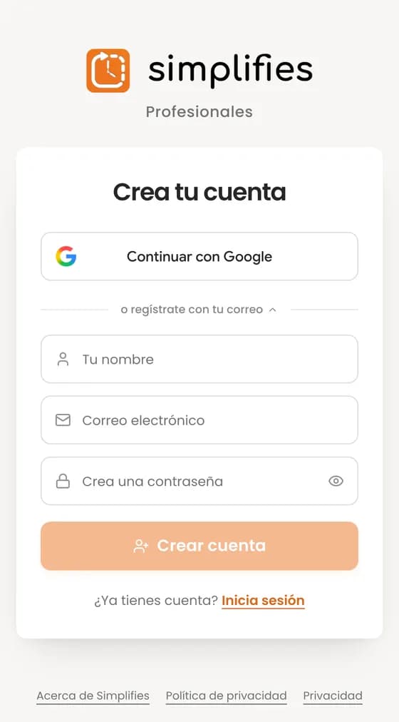 Abre app.simplifies.net en el navegador de tu celular o computador. Verás «Crea tu cuenta».