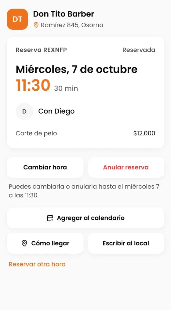Desde el link de su reserva toca «Cambiar hora».