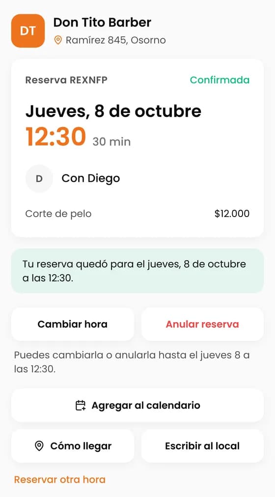 Queda «Tu reserva quedó para el …». Para anularla, toca «Anular reserva».